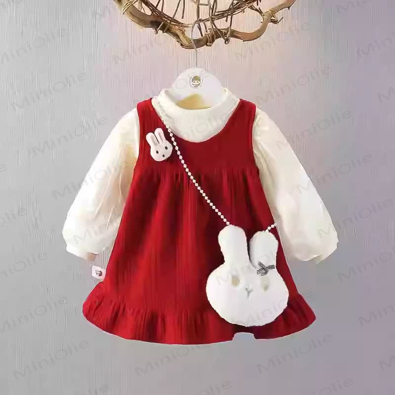 Baby Girl Bunny Fleece Lined Dress - Red - 3-5T - image 2