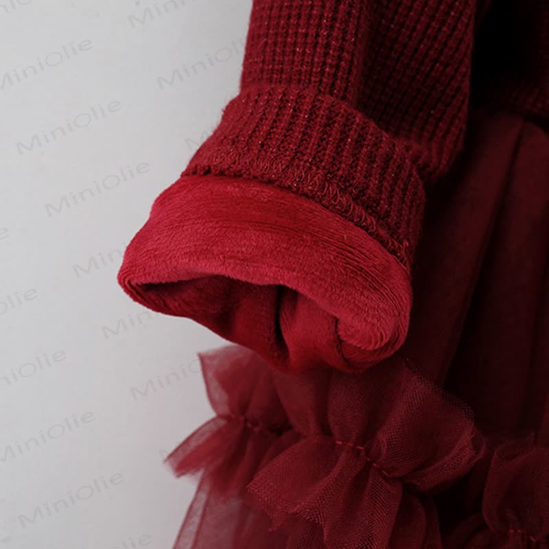 Baby Girl Bear Bow Red Fleece Lined Mesh Dress  - image 4