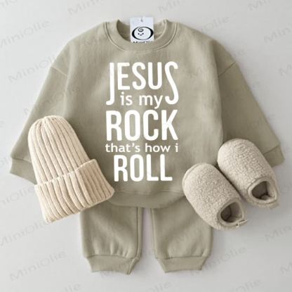 JESUS IS MY ROCK THAT'S HOW I ROLL Baby Sweatshirt 2-piece Grey Green Set - Grey Green - 2-3T - image 1