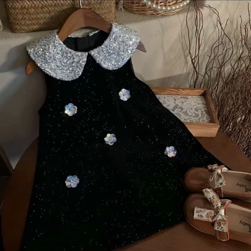 Toddler Girl Flower Baby Collar Sleeveless Dress - Black Fleece - 5-7T - image 1