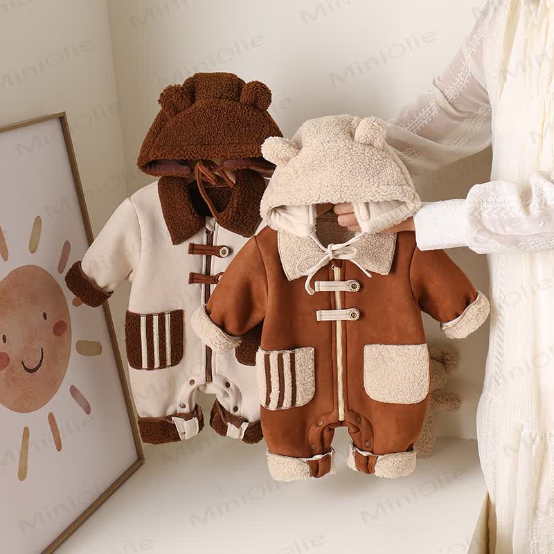 Baby Colorblock Bear Ear Hooded Plush Fleece Romper - image 2