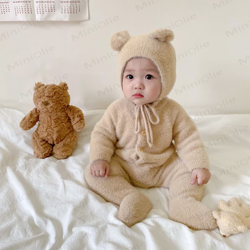 Baby Fleece Bear Ear Footed Romper with Hat - Beige - 2-3T - image 2