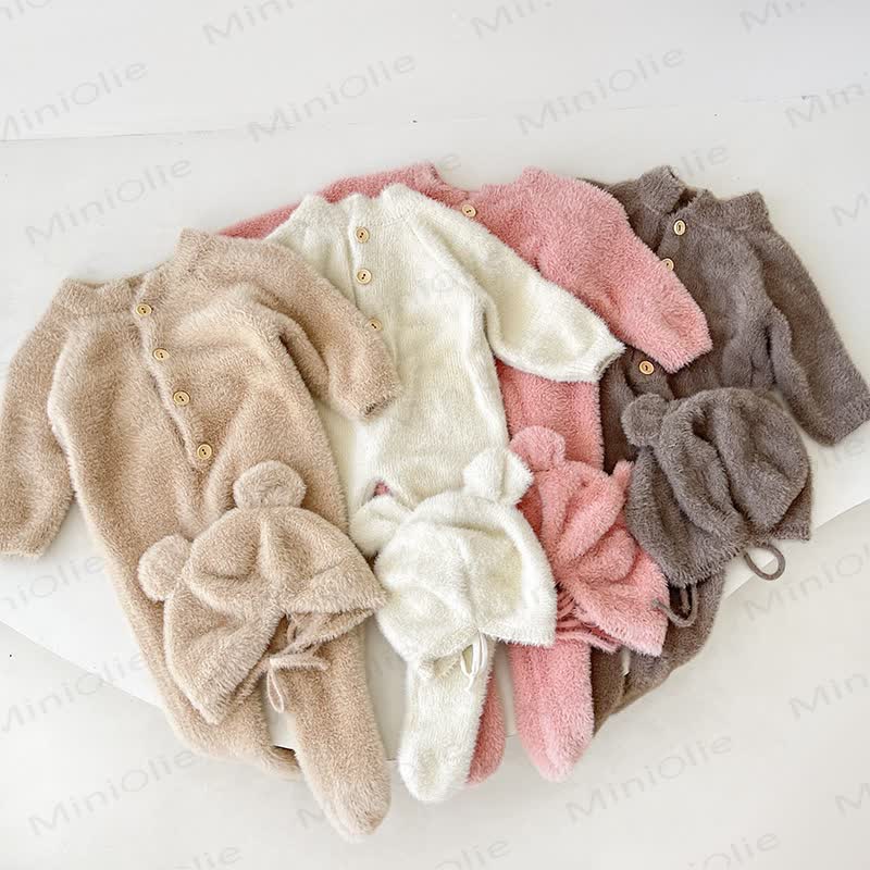 Baby Fleece Bear Ear Footed Romper with Hat - White - 2-3T - image 1