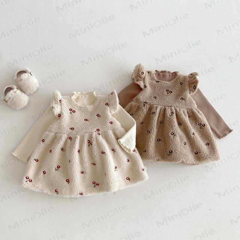 Toddler Girl Flower Flying Sleeves Fleece Dress - image 1