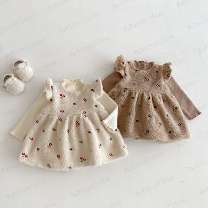 Toddler Girl Flower Flying Sleeves Fleece Dress - image 1