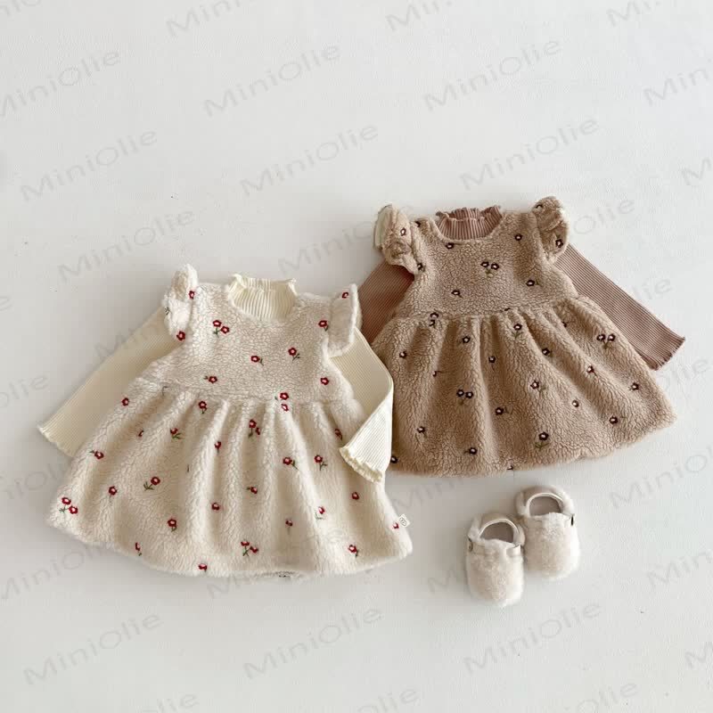 Toddler Girl Flower Flying Sleeves Fleece Dress - image 3