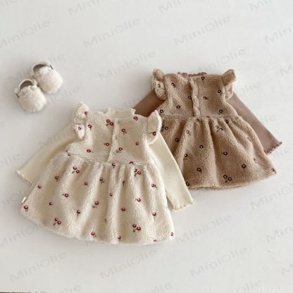 Toddler Girl Flower Flying Sleeves Fleece Dress - image 2