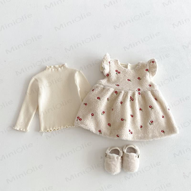 Toddler Girl Flower Flying Sleeves Fleece Dress - image 7