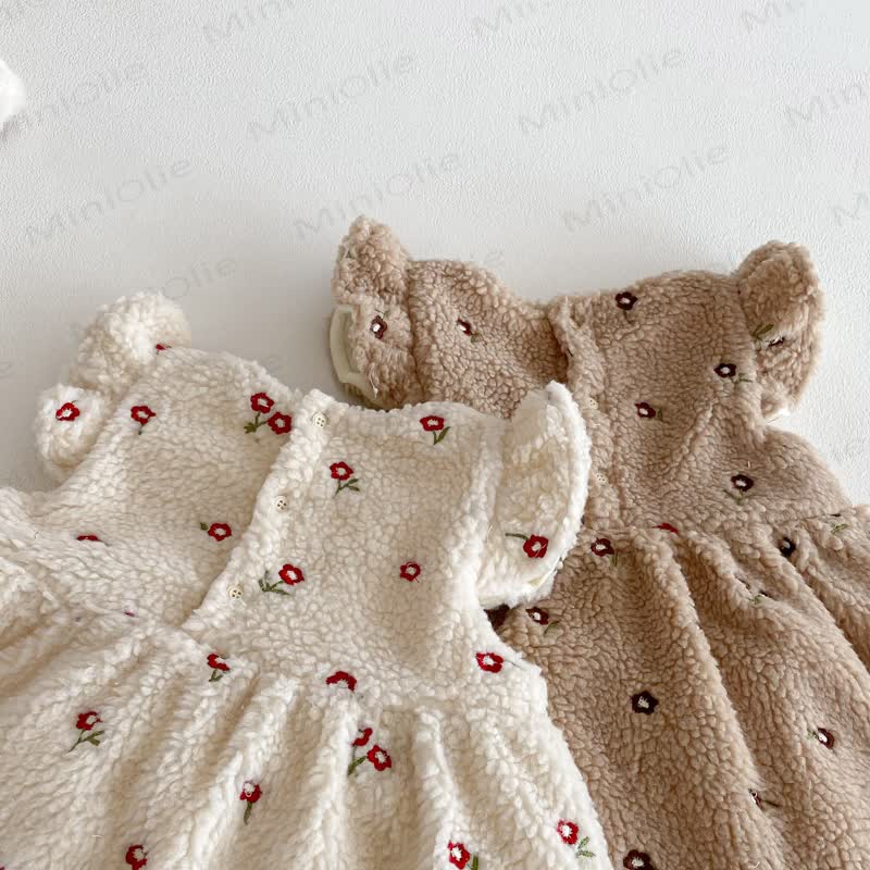 Toddler Girl Flower Flying Sleeves Fleece Dress - image 12