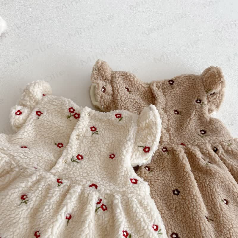 Toddler Girl Flower Flying Sleeves Fleece Dress - image 12