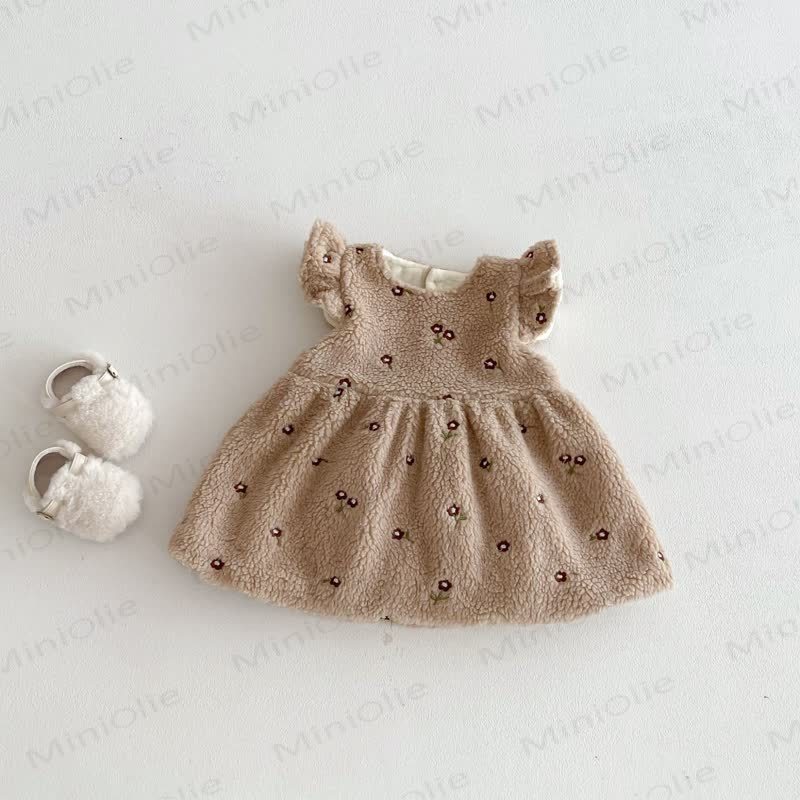 Toddler Girl Flower Flying Sleeves Fleece Dress - Coffee Dress - 5-7T - image 9