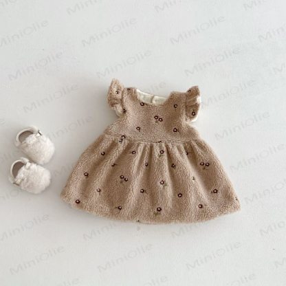 Toddler Girl Flower Flying Sleeves Fleece Dress - Coffee Dress - 5-7T - image 9