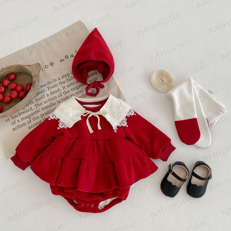 Baby Toddler Fleece Lined Red Romper Dress & Leggings - Red Romper Dress & Shawl & Hat - 18-24M - image 2