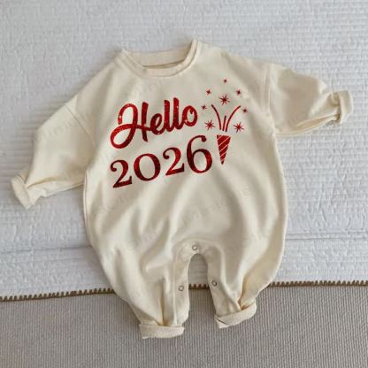 HELLO 2026 Baby Slogan Beige Romper - Beige - 2-3T - image 1