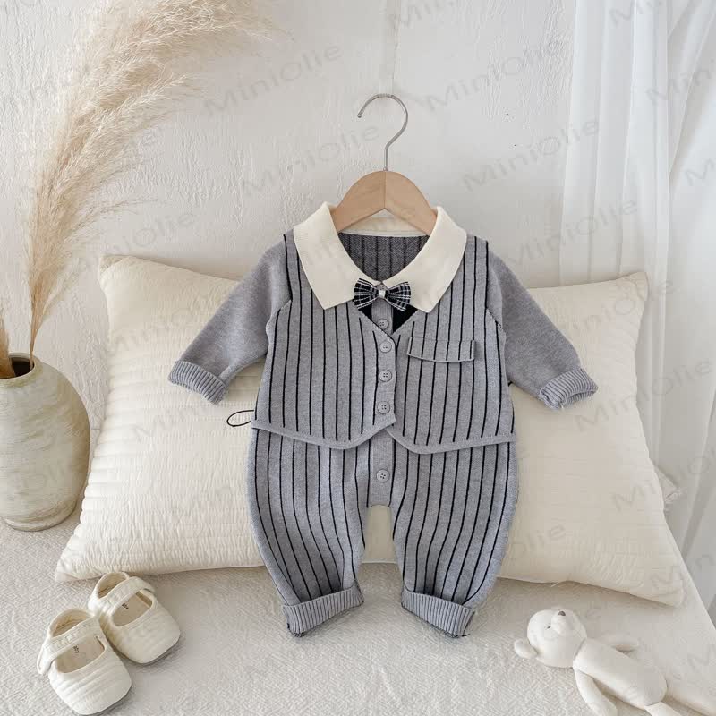Baby Knit Bow Tie Gentleman Style Romper - image 2