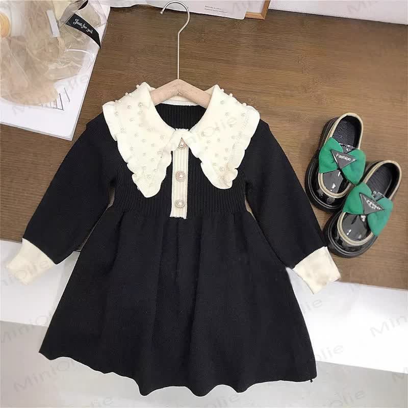 Baby Toddler Girl Small Fragrant Collar Red Knit Dress - Black - 5-7T - image 2