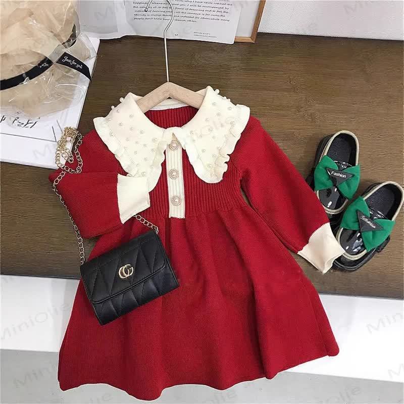 Baby Toddler Girl Small Fragrant Collar Red Knit Dress - Red - 5-7T - image 1
