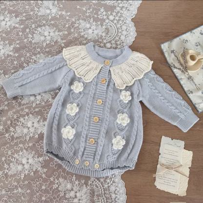 Baby Flower Emboidered Knit Bodysuit - Blue - 18-24M - image 1