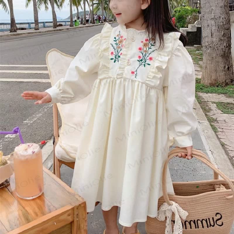 Toddler Girl Embroidered Flower Pleats Dress  - Beige - 8Y - image 1