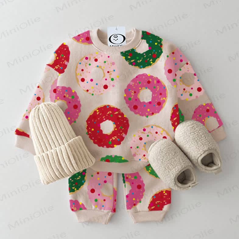 Baby Christmas Colored Donuts Sweatshirt 2-piece Beige Set - Beige - 2-3T - image 1