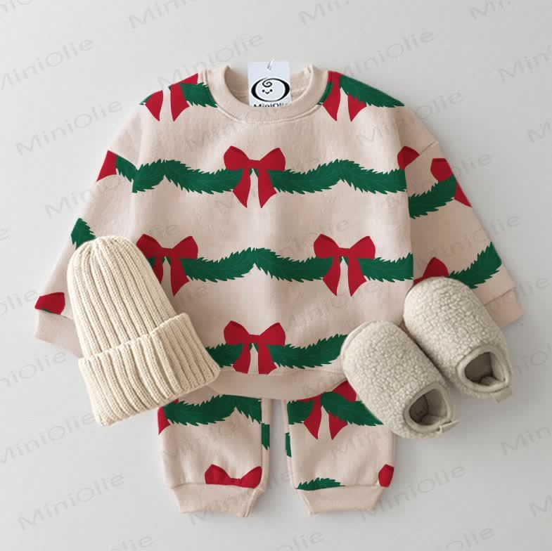 Baby Christmas Wreath Sweatshirt 2-piece Beige Set - Beige - 2-3T - image 1