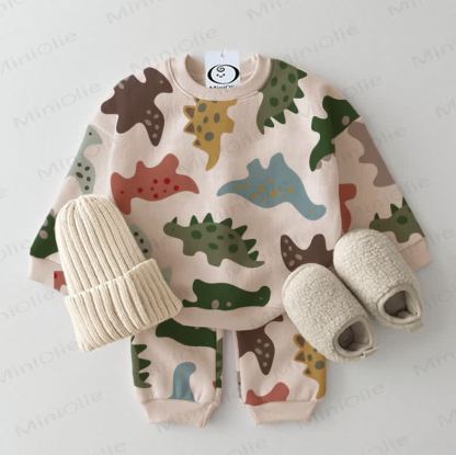 Baby Colorful Dinosaurs Sweatshirt 2-piece Beige Set - Beige - 2-3T - image 1