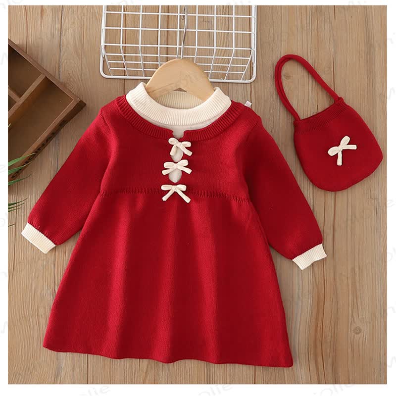 Toddler Girl Bow Knit Christmas Dress - Fleece Red - 8Y - image 1