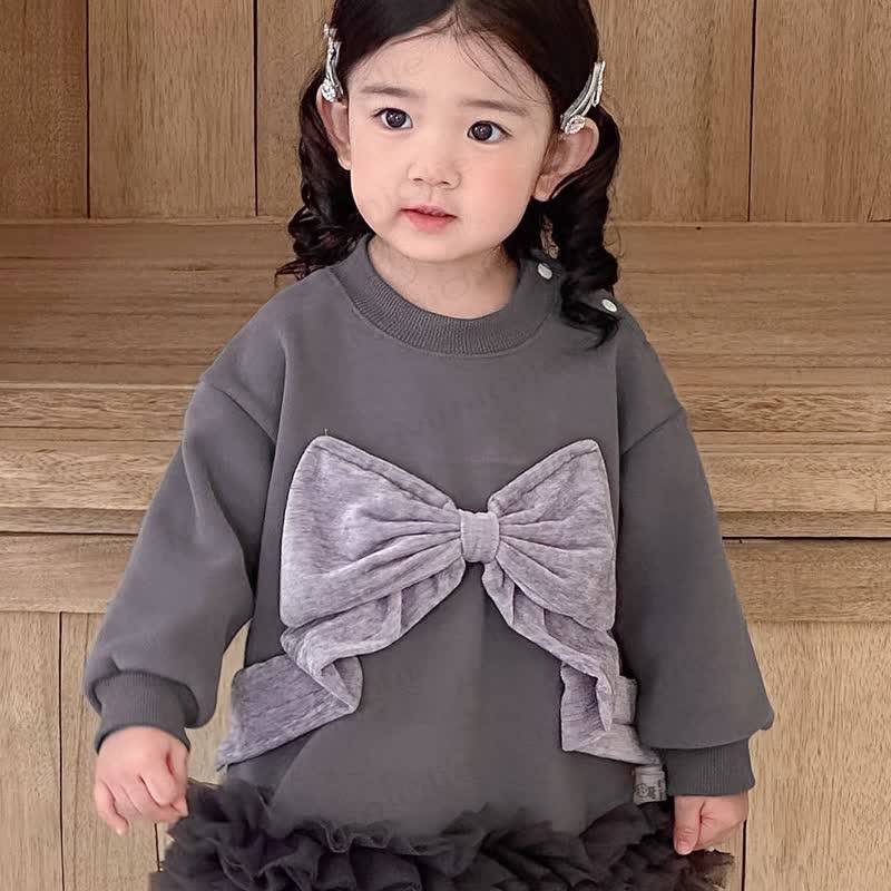 Baby Girl Bow Mesh Fleece Lined Dress - Grey - 1-2T - image 4