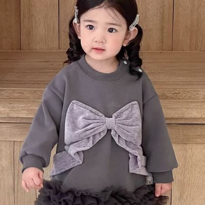 Baby Girl Bow Mesh Fleece Lined Dress - Grey - 1-2T - image 4