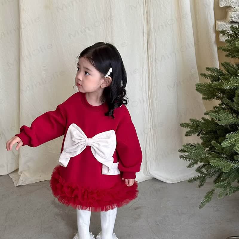 Baby Girl Bow Mesh Fleece Lined Dress - Red - 1-2T - image 1