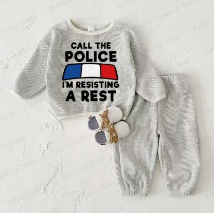 CALL THE POLICE I'M RESISTING A REST Baby Waffle Sweatshirt 2-piece Light Grey Set - Light Gray - 2-3T - image 1