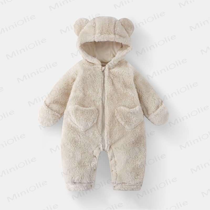  Baby Bear Hooded Fleece Romper - Beige - 12-18M - image 1