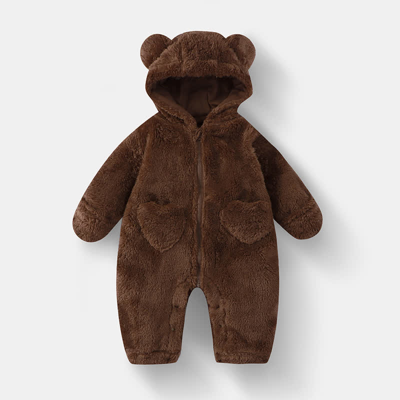  Baby Bear Hooded Fleece Romper - Brown - 12-18M - image 2