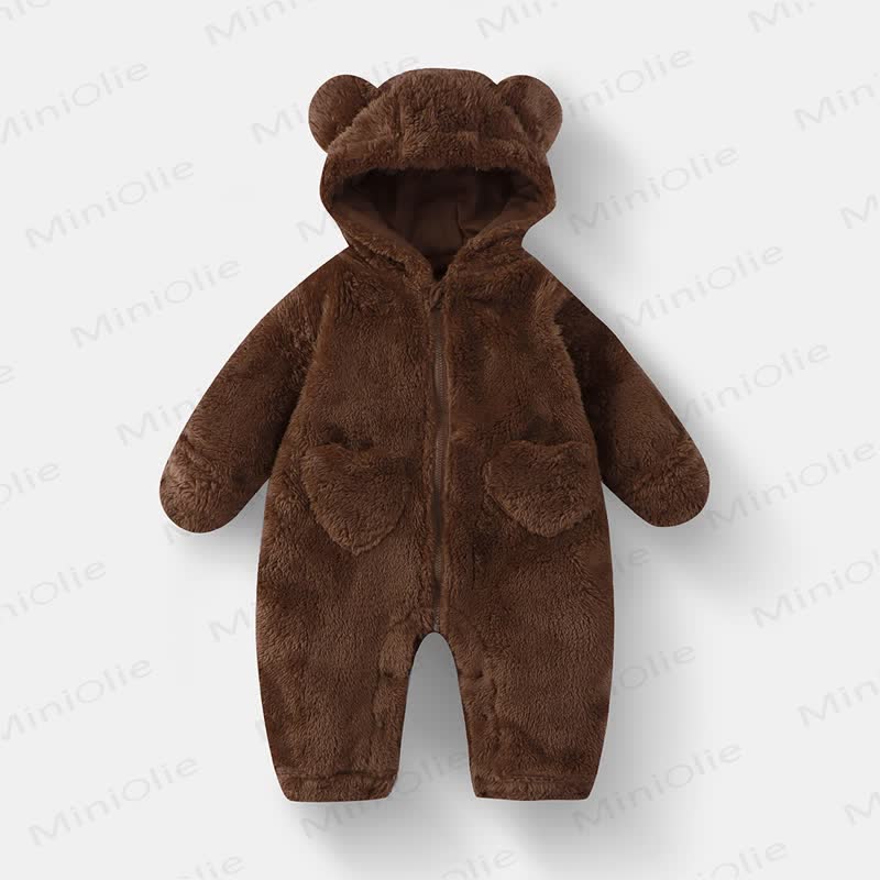  Baby Bear Hooded Fleece Romper - Brown - 12-18M - image 2