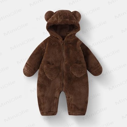  Baby Bear Hooded Fleece Romper - Brown - 12-18M - image 4