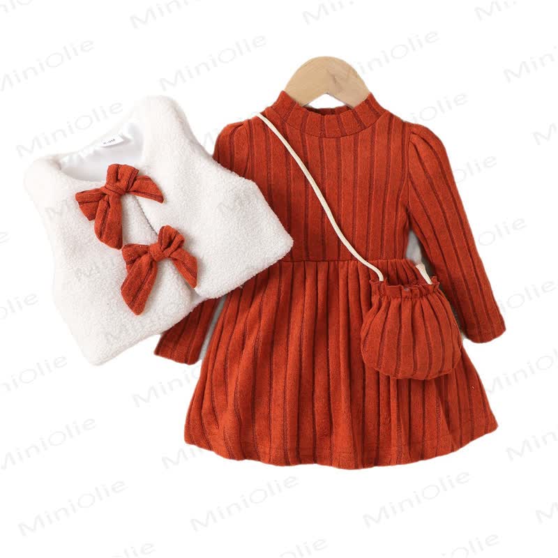 Baby Girl Bow White Plush Tank Top & Orange Dress - image 4