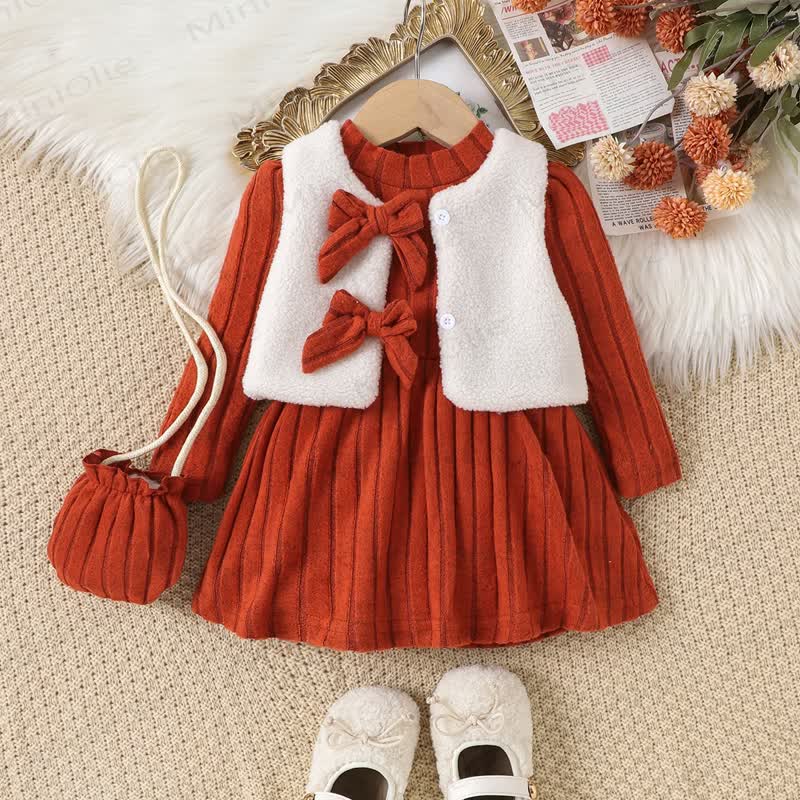 Baby Girl Bow White Plush Tank Top & Orange Dress - image 3