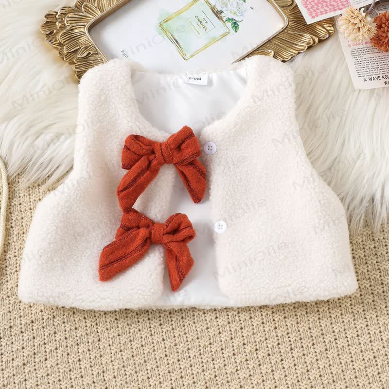 Baby Girl Bow White Plush Tank Top & Orange Dress - image 5