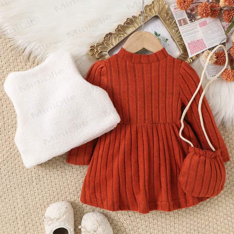 Baby Girl Bow White Plush Tank Top & Orange Dress - image 2