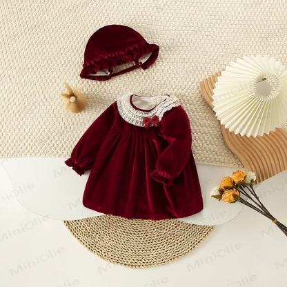 Baby Toddler Girl Red Velvet Dress With A Hat - Red - 3-5T - image 1