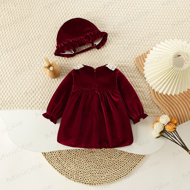 Baby Toddler Girl Red Velvet Dress With A Hat - image 3