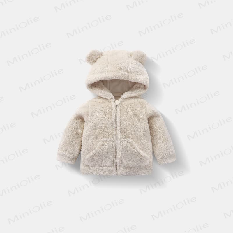 Baby Toddle Hooded Solid Color Fleece Outerwear - Beige - 5-7T - image 1