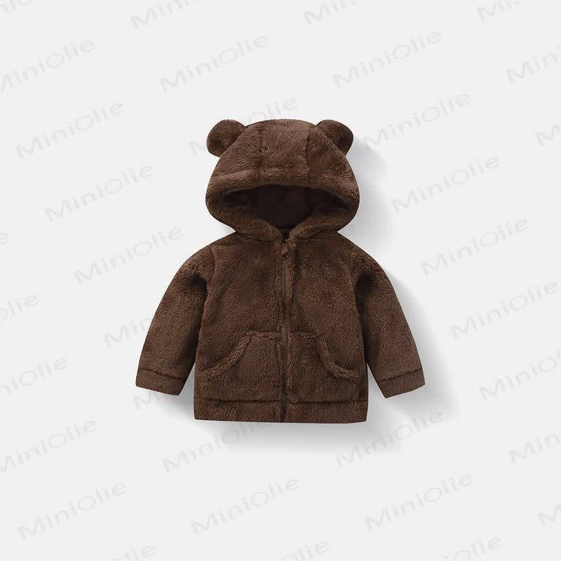 Baby Toddle Hooded Solid Color Fleece Outerwear - Brown - 5-7T - image 2