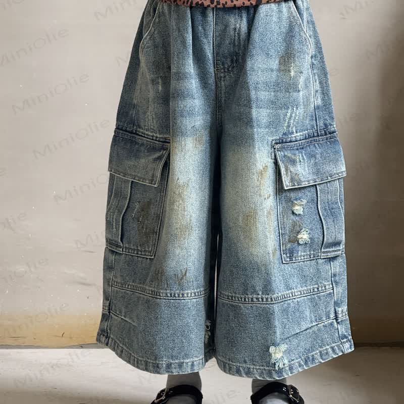 Toddler Kid Girl Denim Worker Pants - Blue Denim Pants - 12Y - image 1