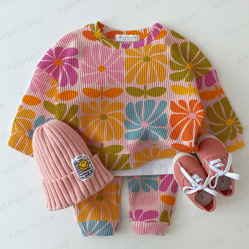 Baby Waffle Colored Square Flowers Sweatshirt 2-piece Set - Pink - 18-24M - image 1