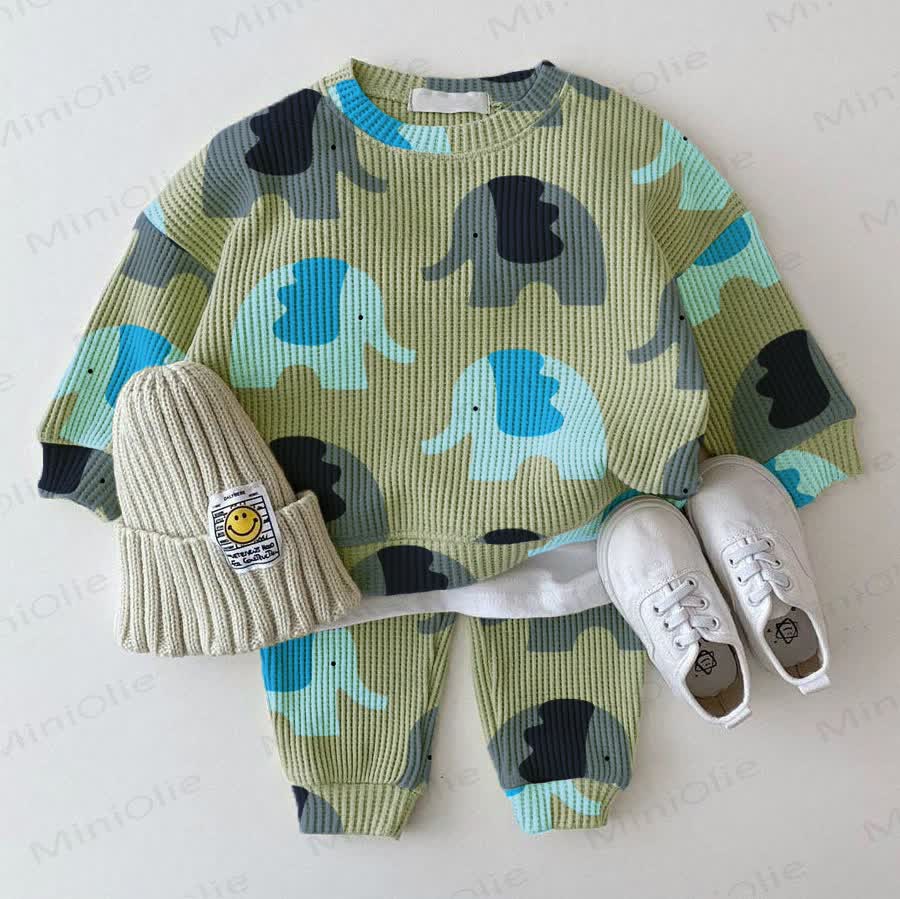 Baby Waffle Blue&Grey Elephant Sweatshirt 2-piece Set - Green - 18-24M - image 1