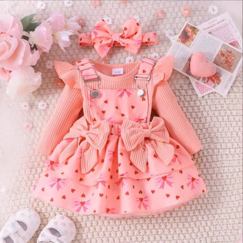 Baby Girl Bow Heart Flying Sleeves Dress - Pink - 12-18M - image 1