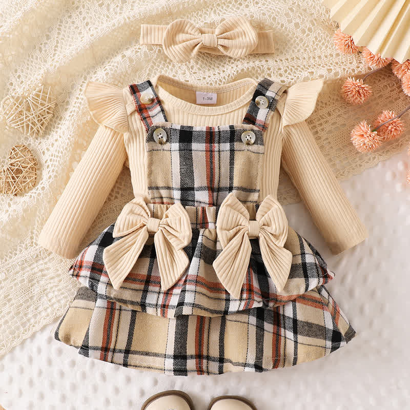 Baby Girl Bow Plaid Flying Sleeves Romper Knit Dress - Khaki - 12-18M - image 1