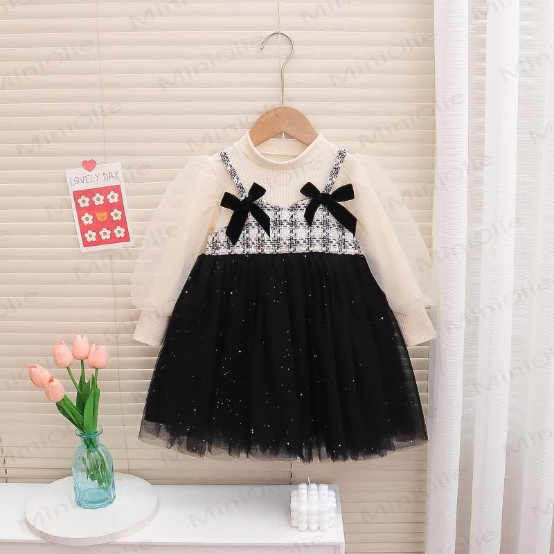 Baby Toddler Girl Bow Plaid Mesh Sequin Dress - Black - 3-5T - image 2