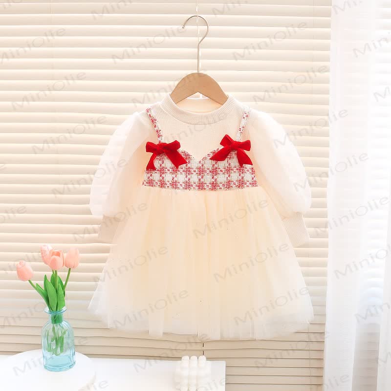 Baby Toddler Girl Bow Plaid Mesh Sequin Dress - Red - 3-5T - image 1